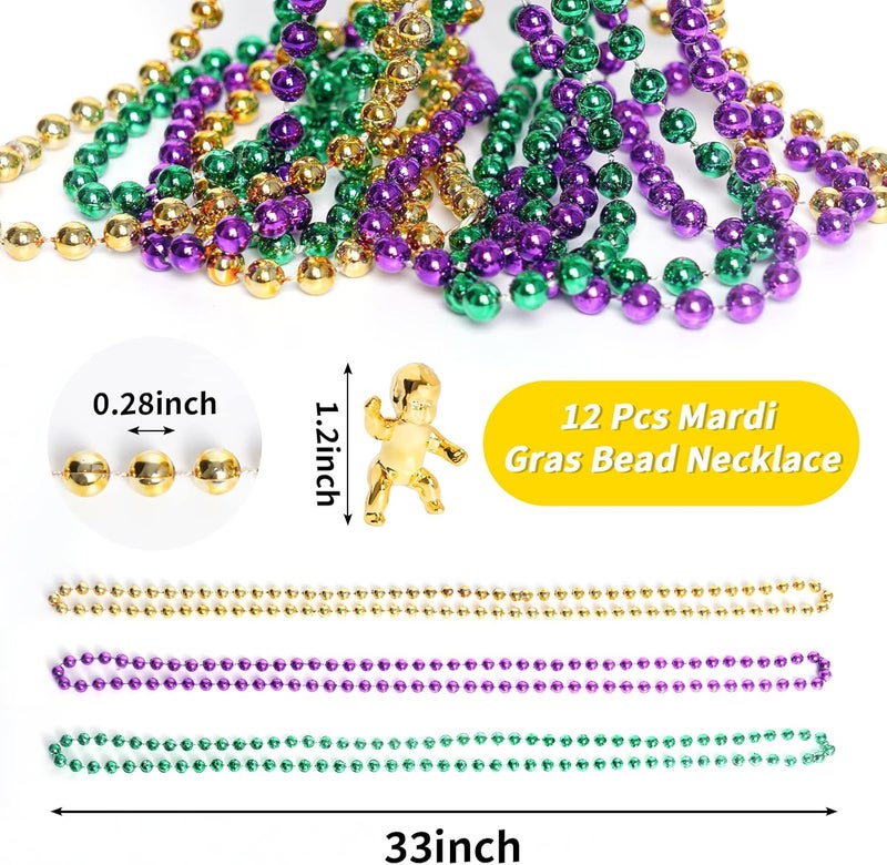 ZZYFGH Mardi Gras Bead Necklace 12 Pcs and Mini King Cake Babies 6 Pcs Metallic Gold Purple Green Party Costume Accessory - Image 2